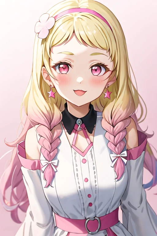 best quality, masterpiece, highres, solo, {onitsuka_natsumi_lovelivesuperstar:1.15}, blonde_hair, multicolored_hair, gradient_hair, pink_hair, braid, long_hair, twin_braids, pink_eyes, hair_ornament, smile, flower, hair_flower, blush, bangs, red_eyes, 1girl, earrings, hairband, jewelry, looking_at_viewer, star_\(symbol\), upper_body, detached_sleeves, :3, one_eye_closed, open_mouth