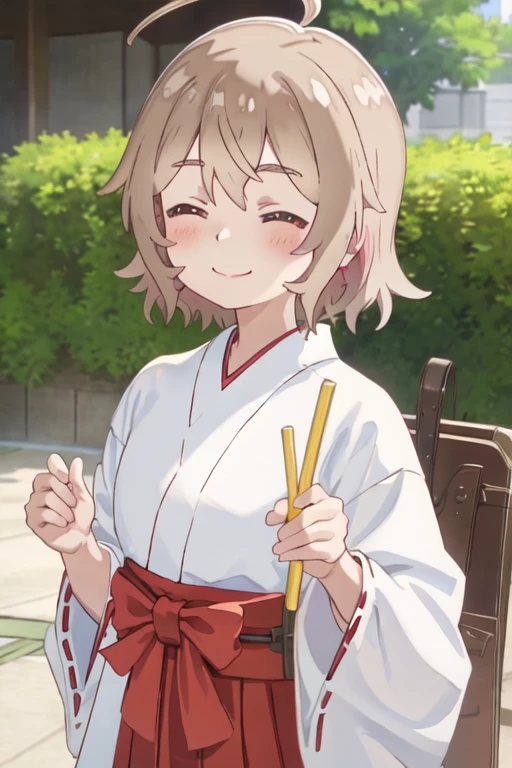 best quality, masterpiece, highres, solo, {white kimono:1.35}, {red hakama:1.35}, {wide sleeves:1.20}, {kanon_konomori_watashinitenshigamaiorita:1.15}, blush, brown_hair, smile, short_hair, ahoge, bangs, brown_eyes, closed_mouth, closed_eyes