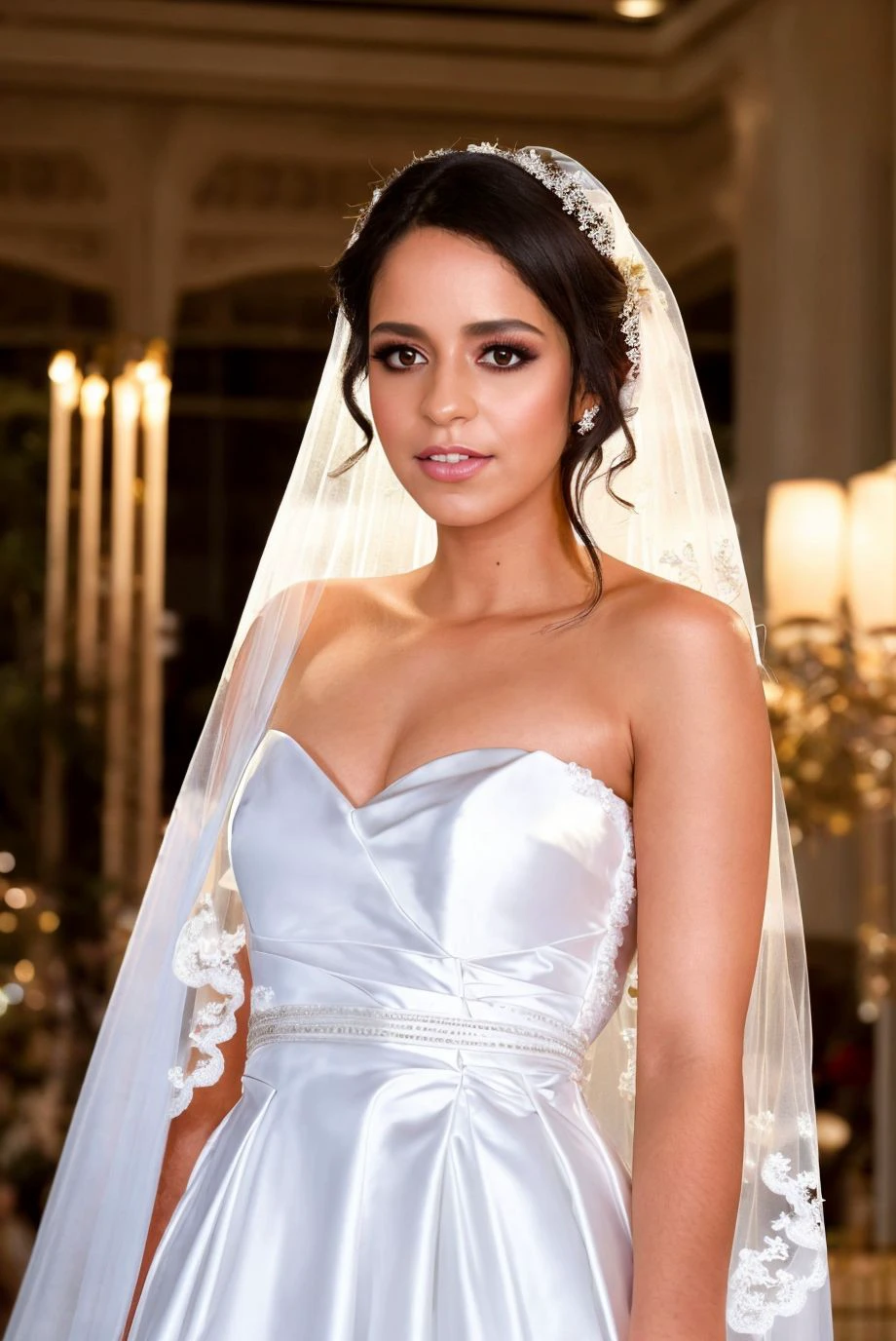 A full color portrait of a beautiful woman wearing a white wedding gown with a veil,in a bustling shopping mall in Dubai,shy, epic character composition,by ilya kuvshinov, alessio albi, nina masic,sharp focus, subsurface scattering, f2, 35mm, film grain ,latina <lora:viennabl:1>