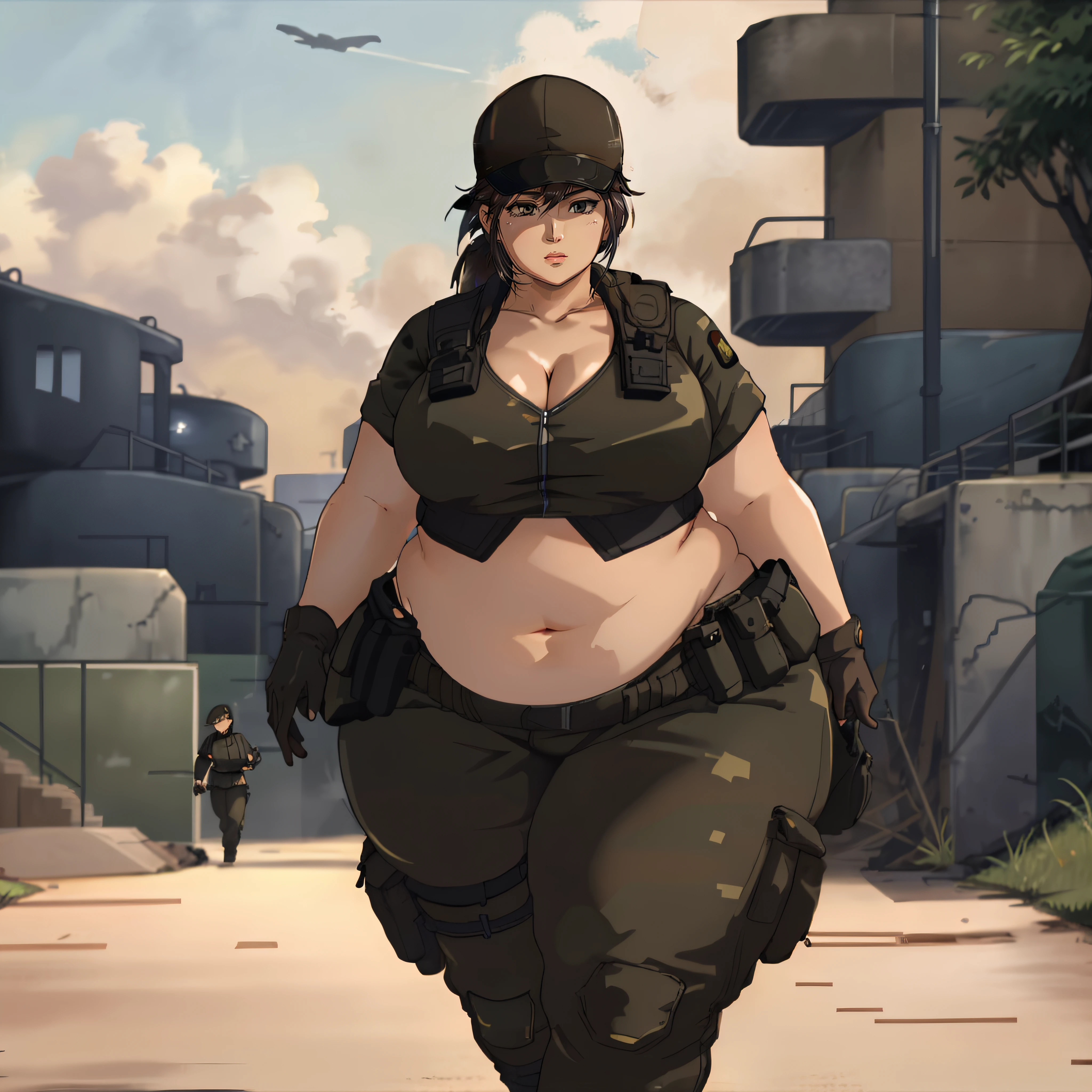 cinematic, <lora:gundam personnel:0.6>, <lyco:symodel-3-0-a3-lyco-extract:0.8>, thick thighs, wide hips, <lora:ethica:0.4>, fat ethica, chubby face, ponytail, baseball cap, tactical outfit, cleavage, black short sleeve crop top, pants, gloves, walking in a military base