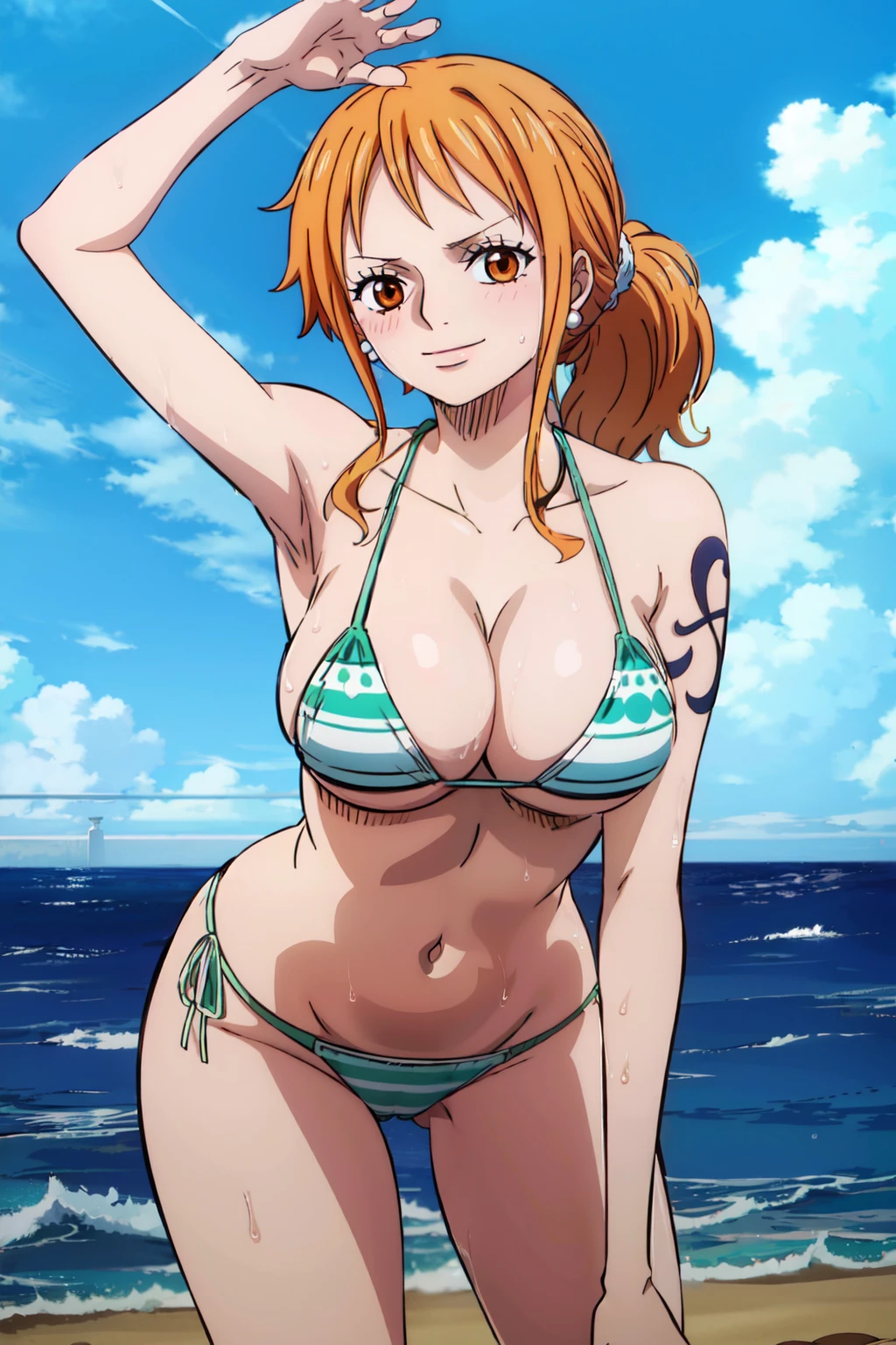 2d, masterpiece, best quality, anime, highly detailed face, highly detailed background, perfect lighting, wano, nami, 1girl, solo, long hair, looking at viewer, blush, smile, large breasts, navel, cleavage, jewelry, closed mouth, collarbone, swimsuit, ponytail, sidelocks, bikini, thighs, earrings, outdoors, sky, day, striped, cloud, armpits, water, stomach, orange hair, arm up, blue sky, wet, orange eyes, tattoo, leaning forward, underboob, ocean, striped bikini, green bikini, shoulder tattoo, hand on own thigh, <lora:Nami_Pos768-10:1> <lora:wanostyle:1>