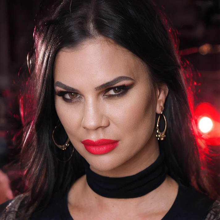 (masterpiece:1.2), (best quality,:1.2), 8k, HDR, ultra detailed, ((photorealistic)), professional light, cinematic lighting, fashion photography, ambient lighting, face lighting, Jasmine, <lora:Jasmine-10:1>, earrings, choker, dark makeup, lipstick, long and wild and messy hair, ((portrait shot)), dynamic pose, <lora:detail_slider_v4:2>, OverallDetail, fhanddetail:1.4, ffacedetail:1.4, skindetail, hairdetail, looking at viewer, epiCPhoto, turtleneck pullover,