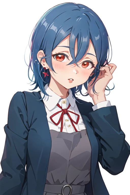 best quality, masterpiece, highres, solo, {wakana_shiki_lovelivesuperstar:1.15}, blue_hair, short_hair, bangs, hair_between_eyes, blush, jewelry, earrings, ribbon, red_ribbon, neck_ribbon, breasts, 1girl, blue_jacket, dress, grey_dress, jacket, looking_at_viewer, open_clothes, parted_lips, pinafore_dress, red_eyes, school_uniform, shirt, white_background, white_shirt, yuigaoka_school_uniform, collared_shirt, long_sleeves, simple_background, upper_body, open_jacket