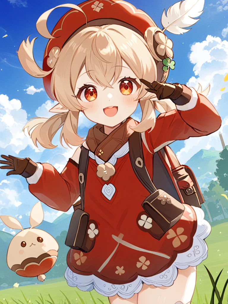 <lora:å¯è:1>ï¼1girl, solo, klee_\(genshin_impact\), bag, smile, dodoco_\(genshin_impact\), hat, looking_at_viewer, backpack, bloomers, ahoge, low_twintails, gloves, cloud, bangs, bag_charm, sky, long_hair, twintails, pointy_ears, light_brown_hair, outdoors, charm_\(object\), :d, clover_print, red_headwear, brown_gloves, long_sleeves, randoseru, blue_sky, sidelocks, pocket, cabbie_hat, underwear, hair_between_eyes, cloudy_sky, grass, arm_up, hat_feather, coat, hat_ornament, scarf, open_mouth, red_eyes, day, fire, red_coat, brown_scarf, orange_eyes