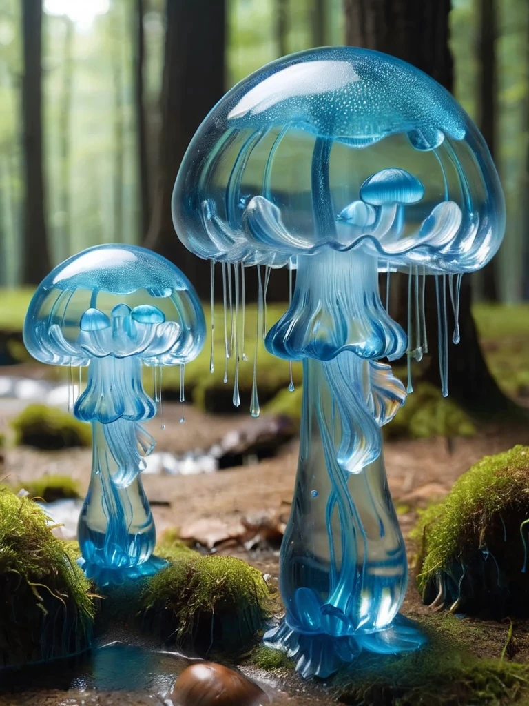 blue jellyfish,mushroom, nature, forest, outdoors, tree, walking, water, river <lora:ral-blueresin-sdxl:1> made of ral-blueresin