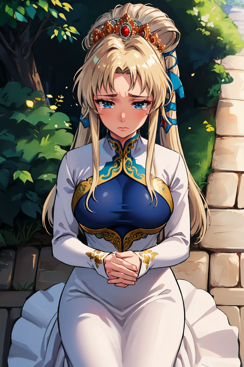masterpiece, best quality, <lora:nyna-nvwls-v1-000009:0.9> nyna, hair ribbon, crown, white dress, long dress, long sleeves, large breasts, kneeling, on ground, from above, tears in eyes, sad, looking at viewer