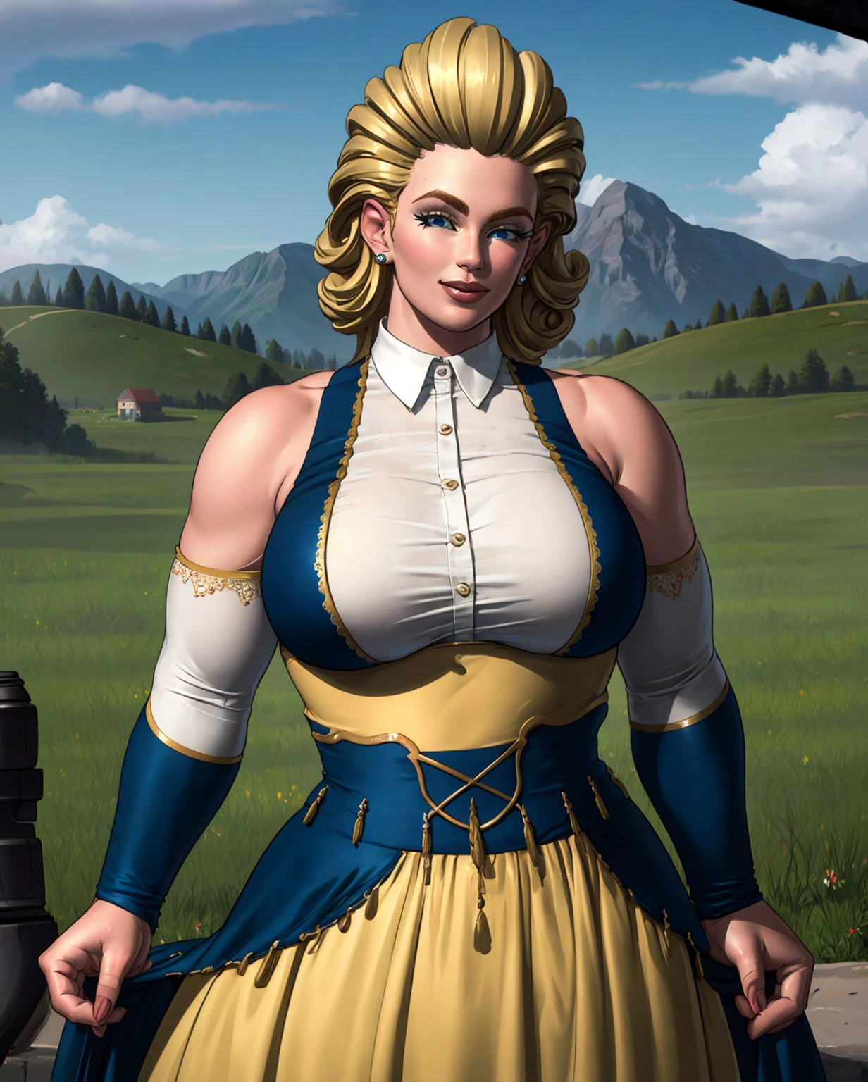 (intricately detailed, best quality, high resolution, highly detailed skin:1.3), upper body, (motherly smile:1.1), looking at viewer, (outdoor scene, rolling hills, grassland:1.4), <lora:m4ryTBL-12:0.7> m4rytbl, (chubby woman:1.1), (blue eyes:0.5), lips, (long slicked-back blonde hair:1.3), (blue formal hoop skirt:1.2),