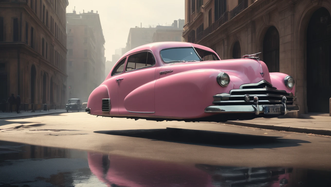 pink hovering car, <lora:Hovering_Car_SDXL_v1:1>Hovering_Car, 1946, city streets, no wheels, (1940s automobile) hyper realistic, 16k, cinematic lighting, wide shot, f/3.6, gotham city background, gloomy, haze, perfect composition, beautiful detailed intricate insanely detailed octane render trending on artstation, 8 k artistic photography, photorealistic concept art, soft natural volumetric cinematic perfect light, chiaroscuro, award - winning photograph, masterpiece, oil on canvas, raphael, caravaggio, greg rutkowski, beeple, beksinski, giger