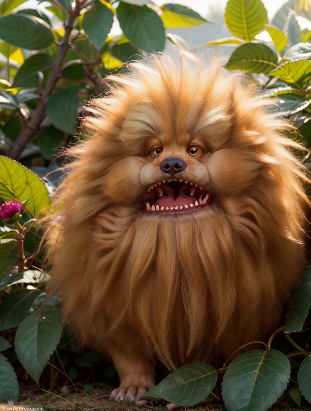 fizzgig, (red haired fizzgig) fluffy ball, ((mouth closed)), hiding in a rosebush, foliage, relaxed, sunset <lora:Fizzgig_Dark_Crystal-000011:1>