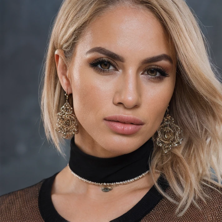 (masterpiece:1.2), (best quality,:1.2), 8k, HDR, ultra detailed, ((photorealistic)), professional light, cinematic lighting, fashion photography, ambient lighting, face lighting, Victoria, <lora:Victoria-10:1>, earrings, choker, dark makeup, long and wild and messy blonde hair,  ((portrait shot)), dynamic pose, <lora:detail_slider_v4:2>, OverallDetail, fhanddetail:1.4, ffacedetail:1.4, skindetail, hairdetail, looking at viewer, epiCPhoto, turtleneck pullover,