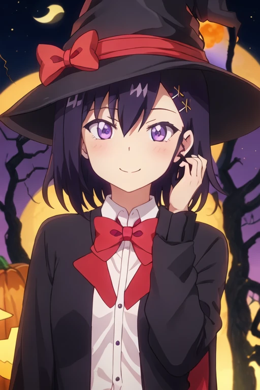 best quality, masterpiece, highres, solo, {vignette_tsukinose_april_gabrieldropout:1.15}, purple_hair, short_hair, hair_ornament, hairclip, x_hair_ornament, purple_eyes, closed_mouth, blush, bow, hair_between_eyes, halloween, hat, looking_at_viewer, shirt, upper_body, white_shirt, witch_hat, 1girl, bangs, bowtie, cape, halloween_costume, smile