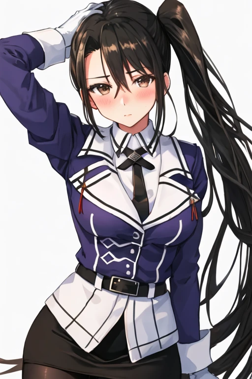 best quality, masterpiece, highres, solo, {nachi_kantaicollection:1.15}, long_hair, black_hair, side_ponytail, brown_eyes, blush, hair_between_eyes, very_long_hair, breasts, 1girl, gloves, uniform, white_gloves, looking_at_viewer, pantyhose, pencil_skirt, simple_background, skirt, white_pantyhose, black_skirt, military, military_uniform, cowboy_shot, white_background, long_sleeves, twitter_username, jacket