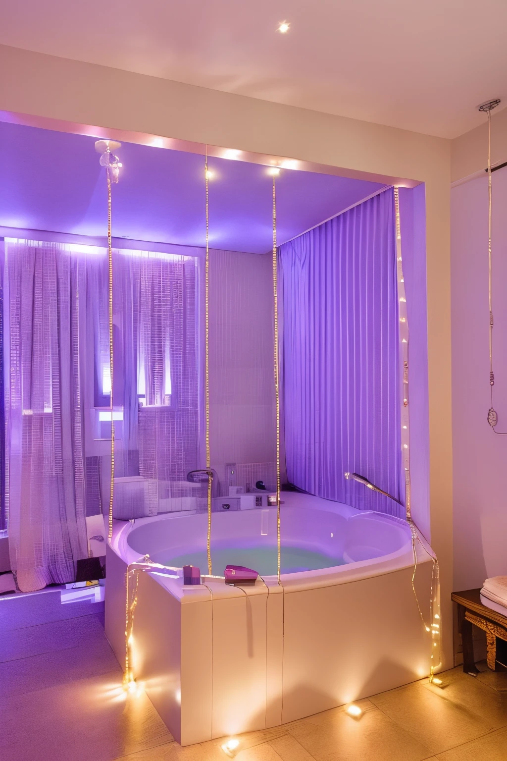 <lora:JJsLoveHotel:.7>,((Love Hotel)) ,  ,realistic, best quality, masterpiece , ((soft lighting)), heart, no humans, silk, bedroom, reflection,night, , light bulb, bed, pillow,bathtub,
RAW photo, (high detailed),  dslr,  high quality, (ultra realistic), Fujifilm XT3,clubhouse, purple,  ceiling light, <lora:add_detail:0.5>