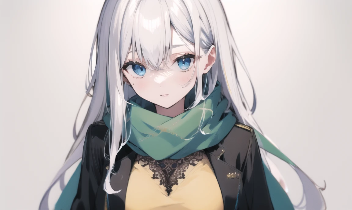 finely detail, Depth of field,best quality, illustration,highres,intricate detail, an extremely delicate and beautiful,
1girl, long hair, shirt, yellow shirt, (namess koishi:0.4), disheveled hair, breasts black jacket, black sleeves,white hair, green scarf, blue eyes, ,upper body, <lora:20240107-1704597280257-0002:0.8>