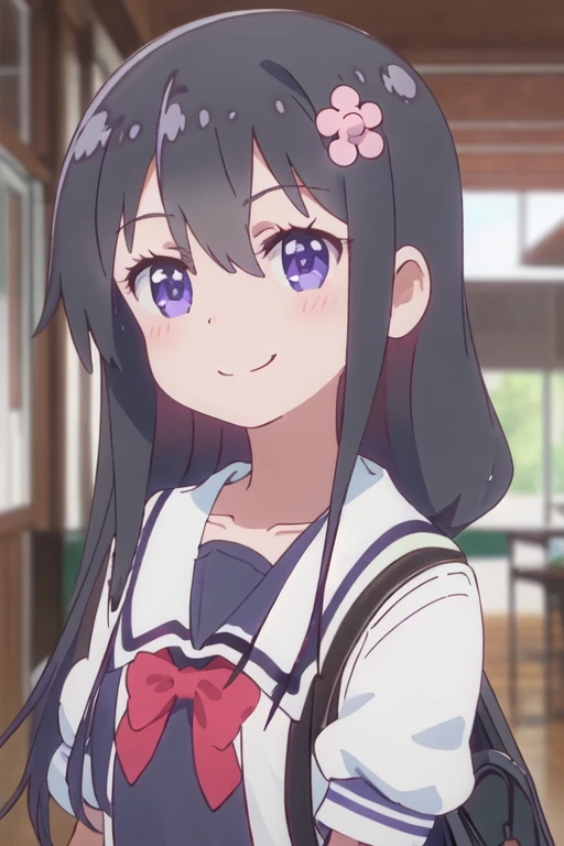 best quality, masterpiece, highres, solo, {hana_shirosaki_watashinitenshigamaiorita:1.15}, black_hair, long_hair, bangs, blush, blue_eyes, hair_between_eyes, hair_ornament, closed_mouth, flower, hair_flower, pink_flower, looking_at_viewer, outdoors, purple_eyes, shirt, smile, white_shirt, 1girl, blurry, blurry_background, upper_body, collarbone, short_sleeves, tree, bag, black_dress, day, dress, sleeveless_dress, sleeveless