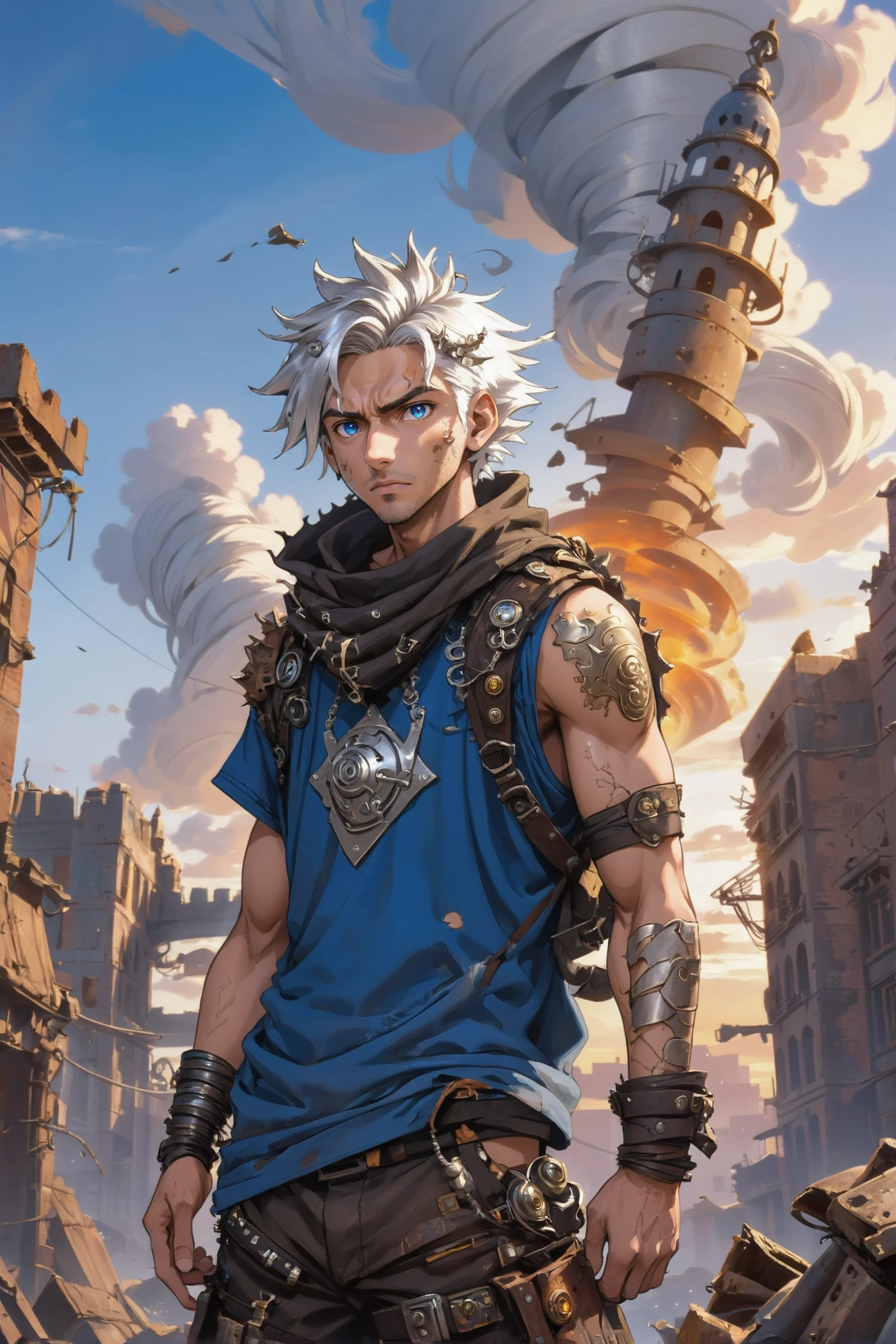 anime style, post apocalyptic, scrap metal, tattered clothes, man, rugged, solo, silver hair, Ivy League, wolf, Moroccan, golden hour, blue sky, clouds, architecture, "at the Long exposure Ephemeral Vortex"<lora:EnvyWastelandWarriorXL01:0.8>