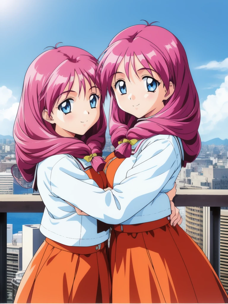 <lora:Shirayuki_Miho_Maho:0.8>, shirayuki, 2girls, multiple girls, twins, smile, siblings, sisters, blue eyes,  long sleeve, skirt, retro artstyle, twins, long hair,  1990s (style), breasts, siblings, BREAK hug, cheek-to-cheek, looking at viewer, city, day
masterpiece, high quality, very_high_resolution, large_filesize, full color,