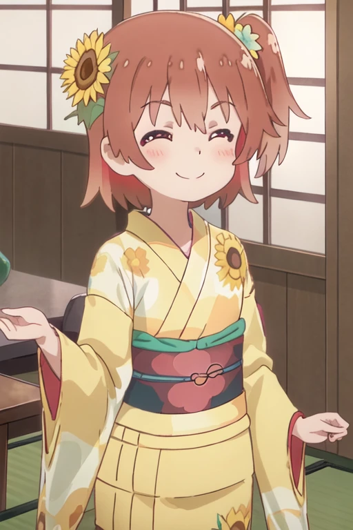 best quality, masterpiece, highres, solo, {hinata_hoshino_watashinitenshigamaiorita:1.15}, brown_hair, blush, bangs, red_eyes, short_hair, closed_mouth, smile, female_, one_side_up, hair_between_eyes, indoors, 2girls, japanese_clothes, kimono, multiple_girls, solo_focus, split_mouth, yellow_kimono, yukata, flower, green_kimono, hair_flower, hair_ornament, night, side_ponytail, upper_body, floral_print, ^_^, closed_eyes, obi, sash, sunflower_hair_ornament