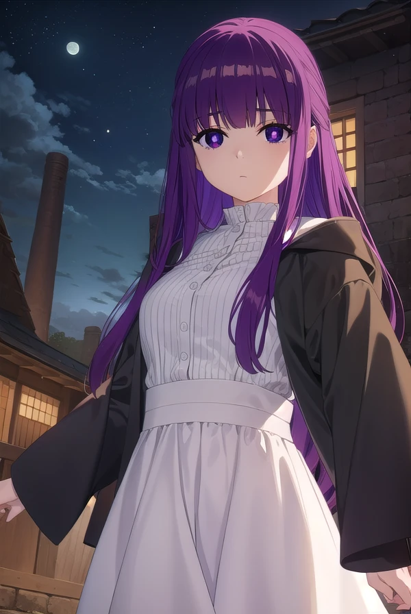 fern, <lora:fern s1-lora-nochekaiser:1>,
fern, long hair, bangs, (purple eyes:1.1), purple hair, sidelocks, blunt bangs, (bright pupils:1.5),
BREAK long sleeves, dress, white dress, long dress,
BREAK outdoor, night, sky, castle, moon, clouds,
BREAK looking at viewer, (cowboy shot:1.5),
BREAK <lyco:GoodHands-beta2:1>, (masterpiece:1.2), best quality, high resolution, unity 8k wallpaper, (illustration:0.8), (beautiful detailed eyes:1.6), extremely detailed face, perfect lighting, extremely detailed CG, (perfect hands, perfect anatomy),