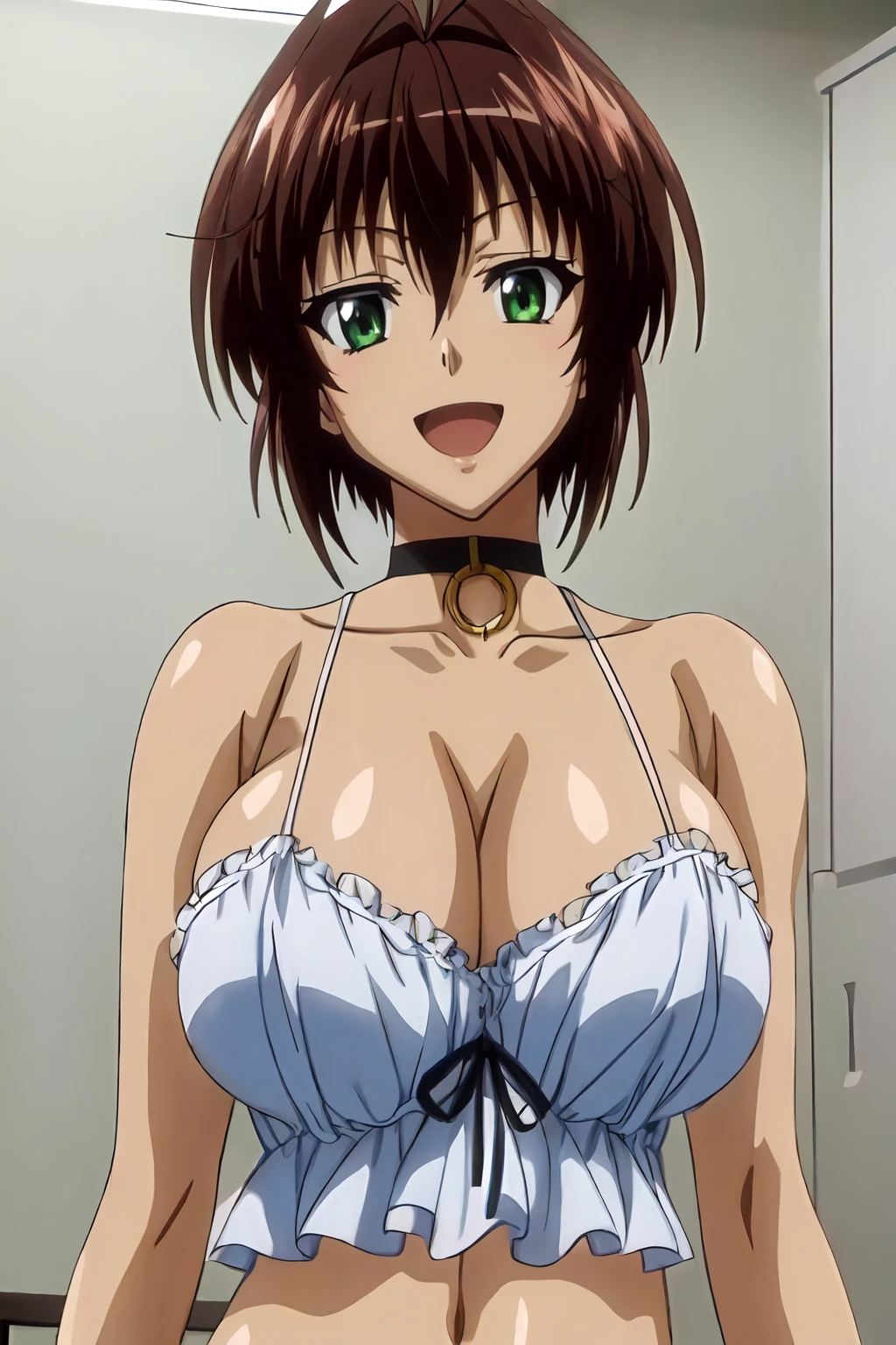 (masterpiece, best quality:1.2), highres, anime screencap, anime coloring, perfect lighting, 1girl, solo, smile, open mouth,
NGSanime_V2, brown hair, short hair, bangs, (antenna hair:0.8), green eyes, brown eyes, large breasts, collarbone, cleavage,
black choker, o-ring, bare shoulders, white camisole, midriff, navel,
standing,
looking at viewer, upper body, straight-on,
<lora:add_detail_CyberAlchemist:0.4>, <lora:GoodHands-beta2:0.8>, <lora:NGSanimeV2:0.85>