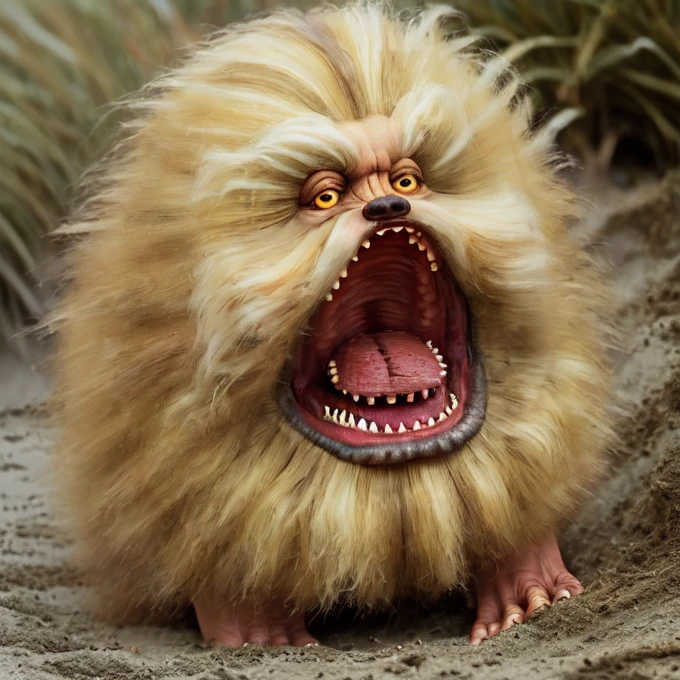 fizzgig, (yellow haired fizzgig) mouth closed, at the beach, hairyfoliage, screaming <lora:Fizzgig_Dark_Crystal-000011:1>