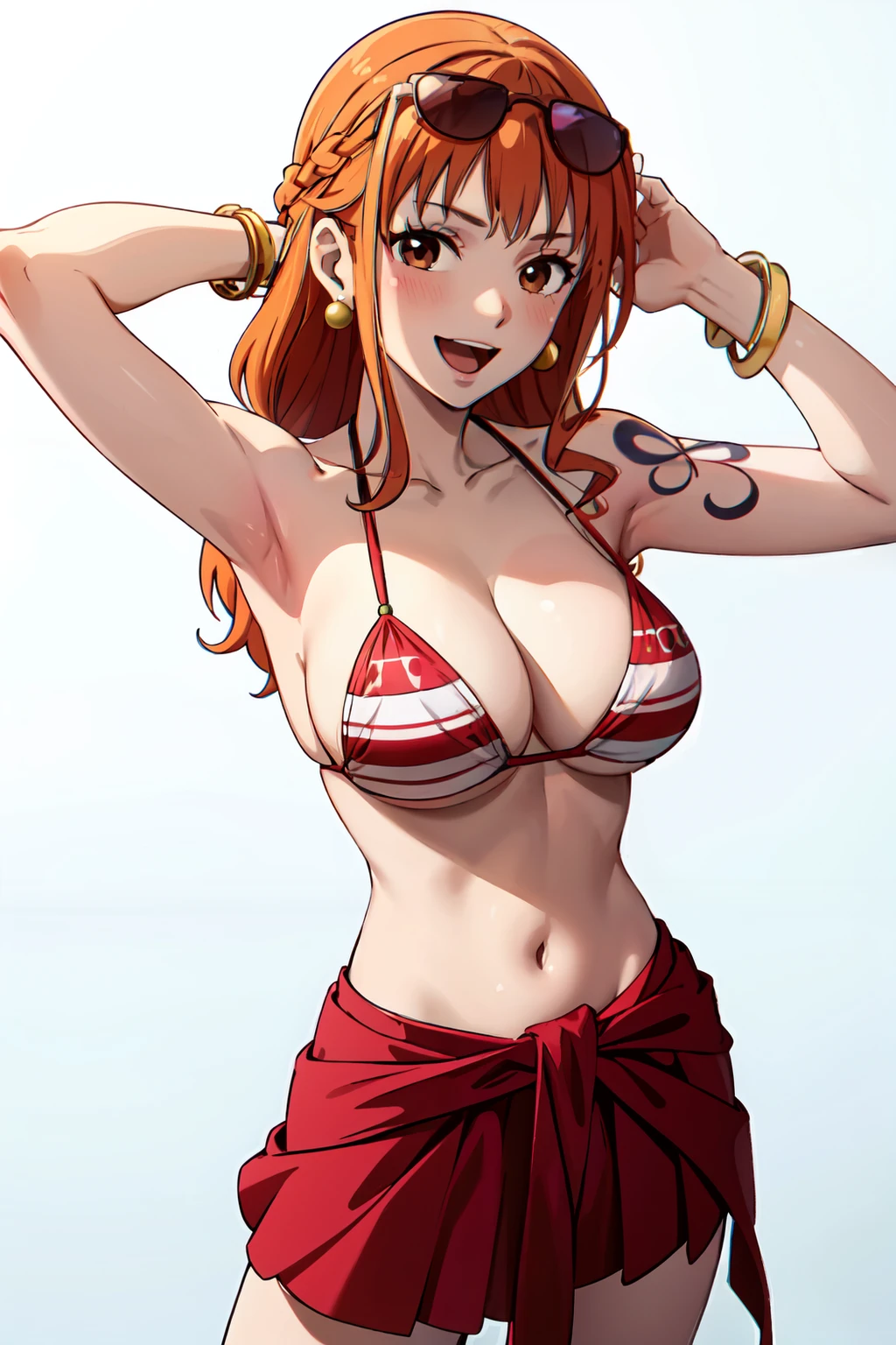 2d, masterpiece, best quality, anime, highly detailed face, highly detailed background, perfect lighting, nami, 1girl, solo, long hair, looking at viewer, blush, smile, open mouth, skirt, large breasts, simple background, white background, navel, cleavage, brown eyes, jewelry, collarbone, swimsuit, braid, :d, bikini, cowboy shot, earrings, armpits, orange hair, arms up, bracelet, tattoo, red skirt, sunglasses, bikini top only, eyewear on head, red bikini, beads, hoop earrings, bangle, arm tattoo, clothes around waist, bead bracelet, leg tattoo, <lora:Nami_Pos768-10:1>