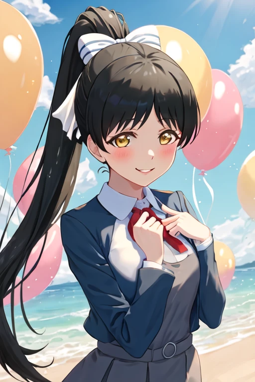 best quality, masterpiece, highres, solo, {hazuki_ren_lovelivesuperstar:1.15}, long_hair, bangs, yellow_eyes, black_hair, ponytail, high_ponytail, smile, blush, shiny_hair, birthday, ribbon, bow, breasts, hair_bow