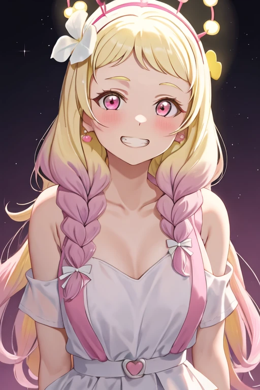 best quality, masterpiece, highres, solo, {onitsuka_natsumi_lovelivesuperstar:1.15}, blonde_hair, multicolored_hair, gradient_hair, pink_hair, braid, long_hair, twin_braids, pink_eyes, hair_ornament, smile, flower, hair_flower, blush, bangs, red_eyes, 1girl, looking_at_viewer, grin, upper_body, collarbone