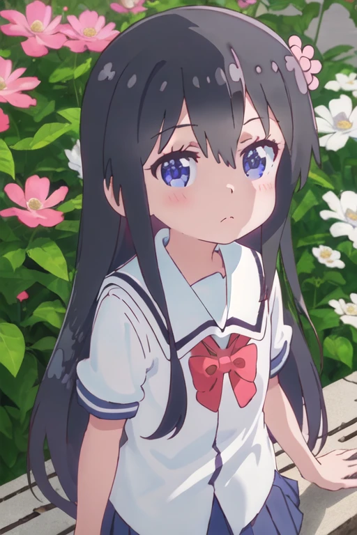 best quality, masterpiece, highres, solo, {hana_shirosaki_watashinitenshigamaiorita:1.15}, black_hair, long_hair, bangs, blush, blue_eyes, hair_between_eyes, hair_ornament, closed_mouth, flower, hair_flower, pink_flower, 1girl, looking_at_viewer, portrait, sailor_collar, school_uniform, shirt, white_sailor_collar, white_shirt, child, female_child