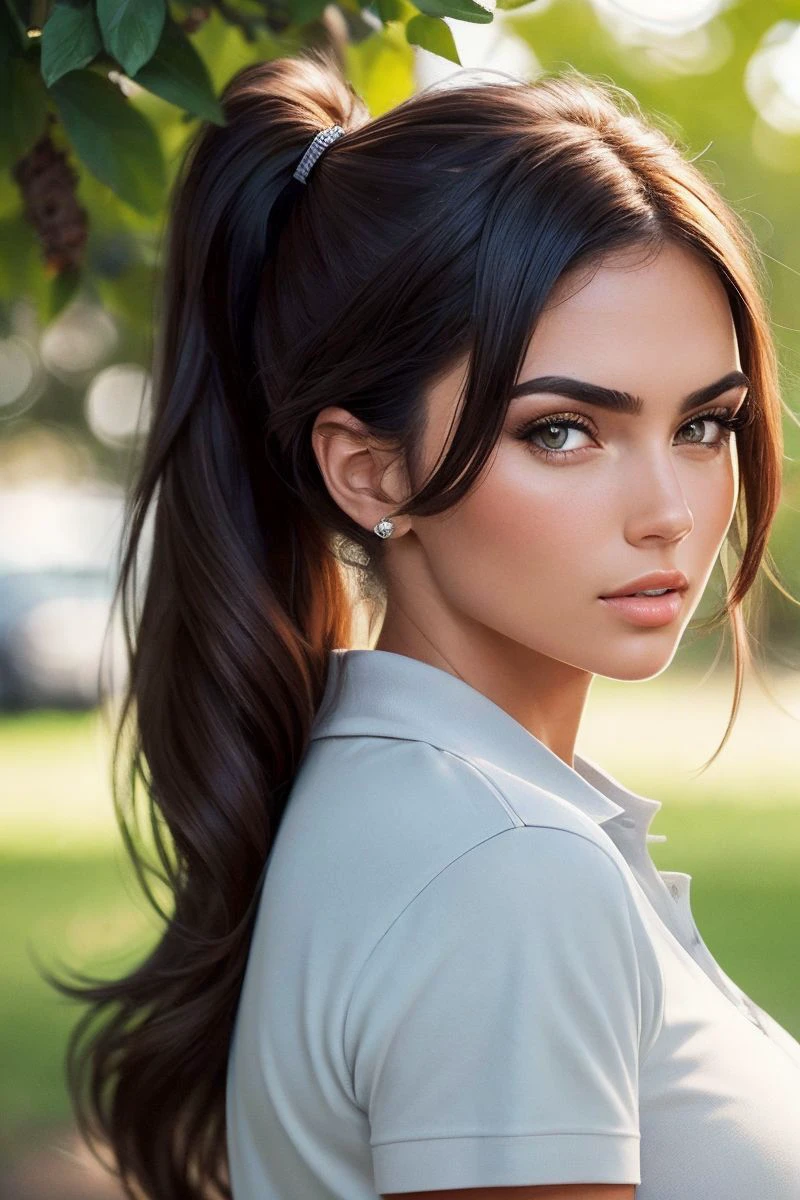 headshot of S282_AndreaAngel,a gorgeous woman,in an (orchard:1.1),wearing a (polo-shirt:1.1),(ponytail),(4k, RAW photo, best quality, depth of field, ultra high res:1.1),(absurdres, intricate, photorealistic, masterpiece, ultra-detailed:1.1),