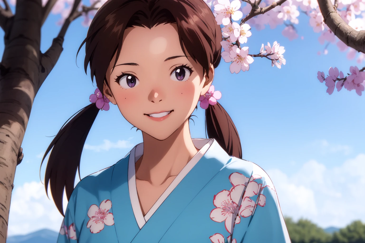 (RAW photo, best quality), 1girl,  natural lighting, solo, light smile, outdoor,
 <lora:eva_horaki_hikari_v1_2:0.8>, horaki hikari, spring, kimono, cherry blossom, (upper body),