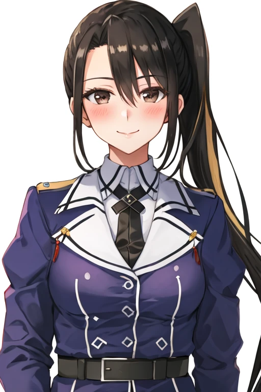 best quality, masterpiece, highres, solo, {nachi_kantaicollection:1.15}, long_hair, black_hair, side_ponytail, brown_eyes, blush, hair_between_eyes, very_long_hair, breasts, 1girl, gloves, looking_at_viewer, military, military_uniform, uniform, white_gloves, upper_body, simple_background, smile, white_background, jacket, two-tone_background