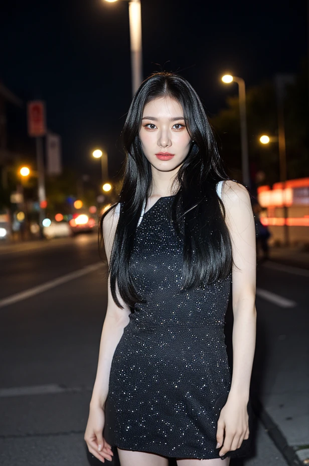 masterpiece, best quality, (((1girl))), solo, realistic, (intricate, highly detailed:1.2), ((looking at viewer)), photorealistic, (extremely detailed face), looking at viewer, ((ultra-detailed eyes and pupils)), black eyes, ultra detailed, (standing against a street at night), (night:1.5), sleeveless tight dress, <lora:chaeryeonglorashyv1_5:1>,