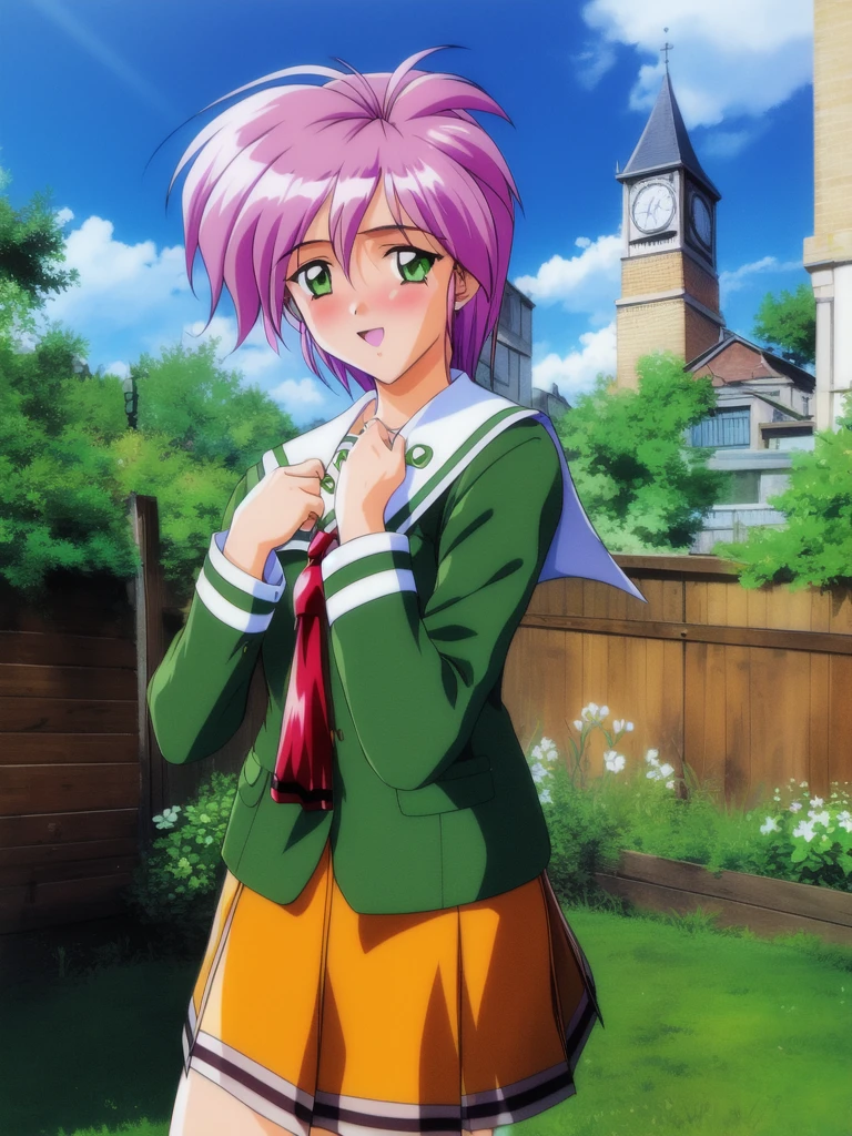 <lora:Yae_Kaori:1>, yaekaori, 1girl, soro,ãYaeKaori, 1girl, solo, school uniform, green shirt, skirt, day, pink hair, shirt, orange skirt, 1990s (style), outdoors, sky, long sleeves, fence, clock, retro artstyle, blush, cloud, standing,
masterpiece, high quality, very_high_resolution, large_filesize, full color,
