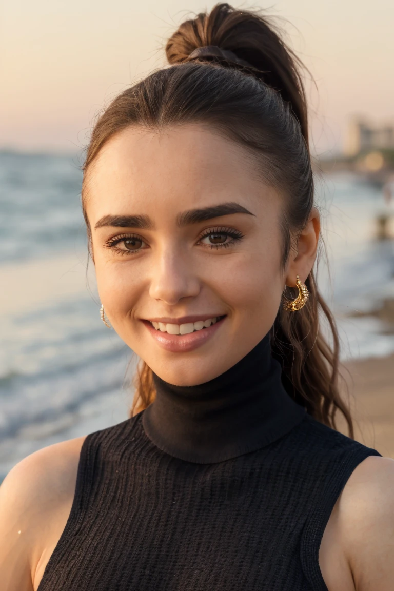 llcoll,ponytail,black hair,close-up,turtleneck,dof,sunrise,beachside,bokeh,smile