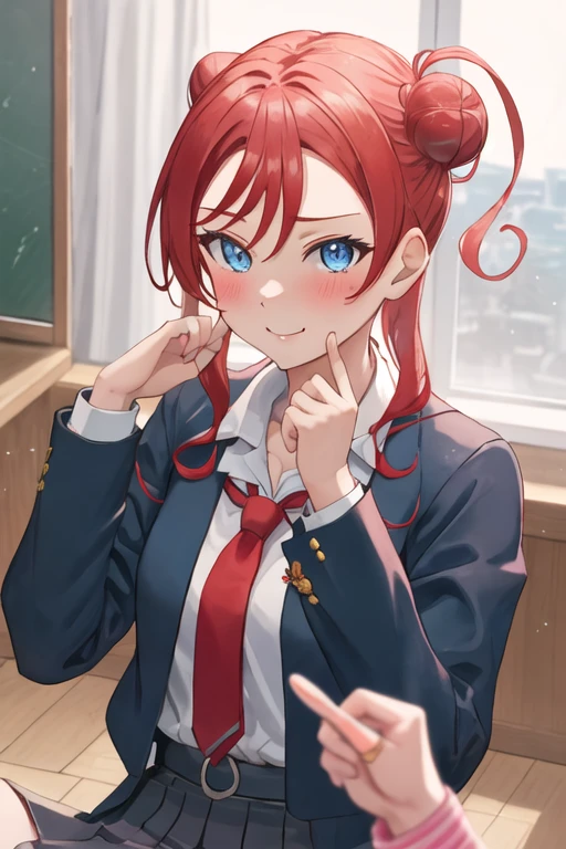 best quality, masterpiece, highres, solo, {yoneme_mei_lovelivesuperstar:1.15}, blue_eyes, red_hair, bangs, hair_bun, blush, single_hair_bun, 1girl, birthday, jacket, looking_at_viewer, school_uniform, yuigaoka_school_uniform, smile, portrait, upper_body, sidelocks