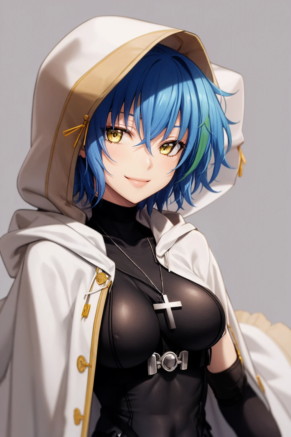 masterpiece, best quality, 1girl, xenovia, blue hair, green hair, streaked hair, hair between eyes, short hair, yellow eyes, leotard, black gloves, cross necklace, cape, hood up, hood, upper body, smile, looking at viewer, solo, simple background <lora:Xenovia:1>