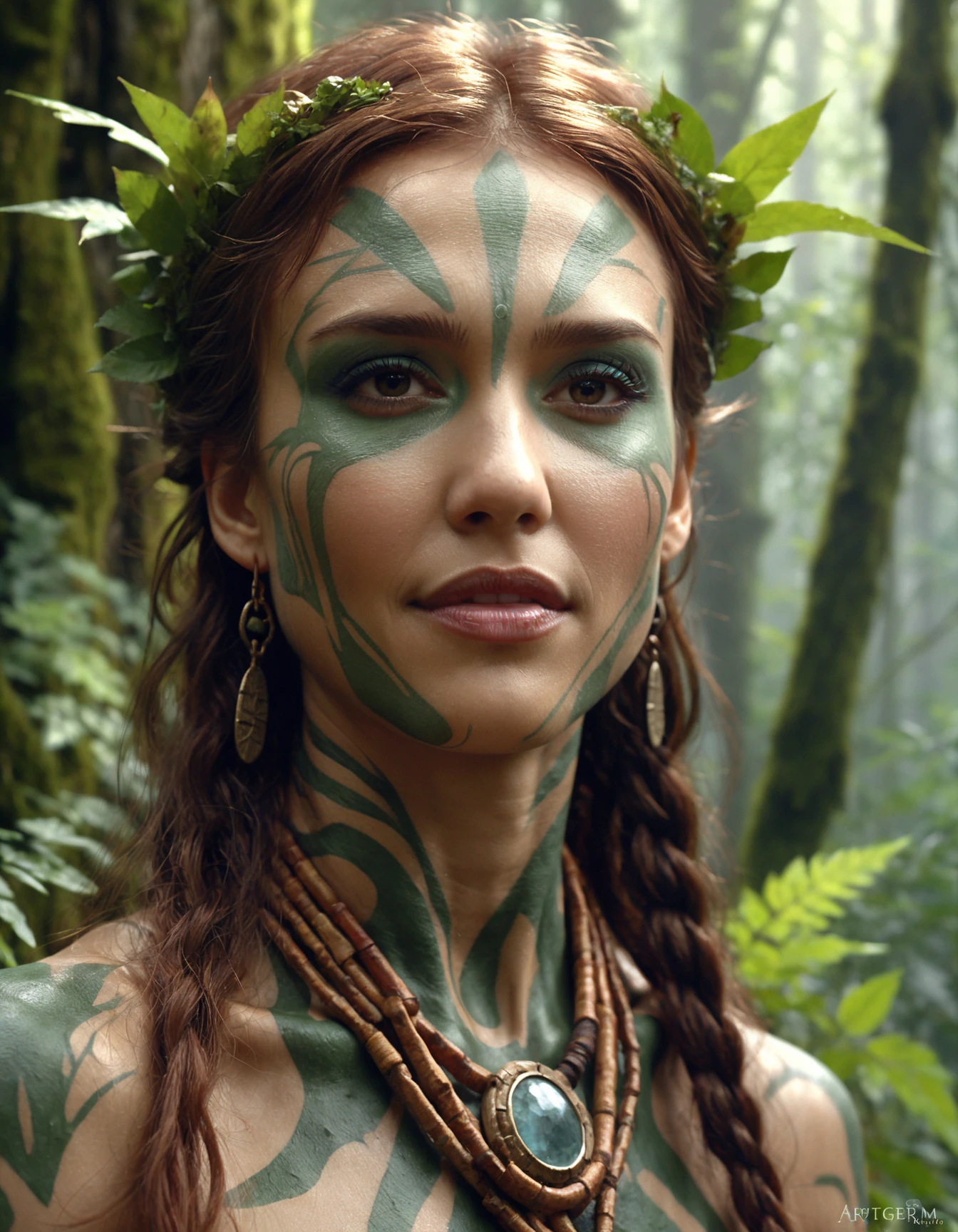 A closeup portait of ((ohwx woman)) an ancient druid made of bark, she live hidden in the vegetation of a forgotten forest, highly detailed painting, by Artgerm and Raphael Lacoste <lora:jessicaalba_dh128_v1_sdxxxl:1>