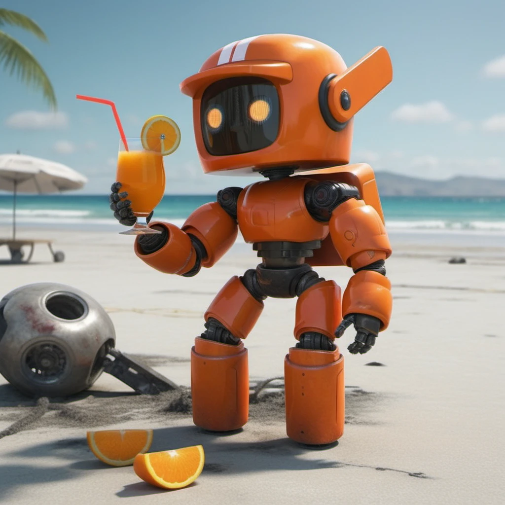 an orange robot, having a cocktail on a beach, post apocalyptic, crashed airplaine background, highly detailed, photography, ultra sharp, film, professional, 64k <lora:add-detail-xl:1.5> <lora:Orange Robot1024:0.6>