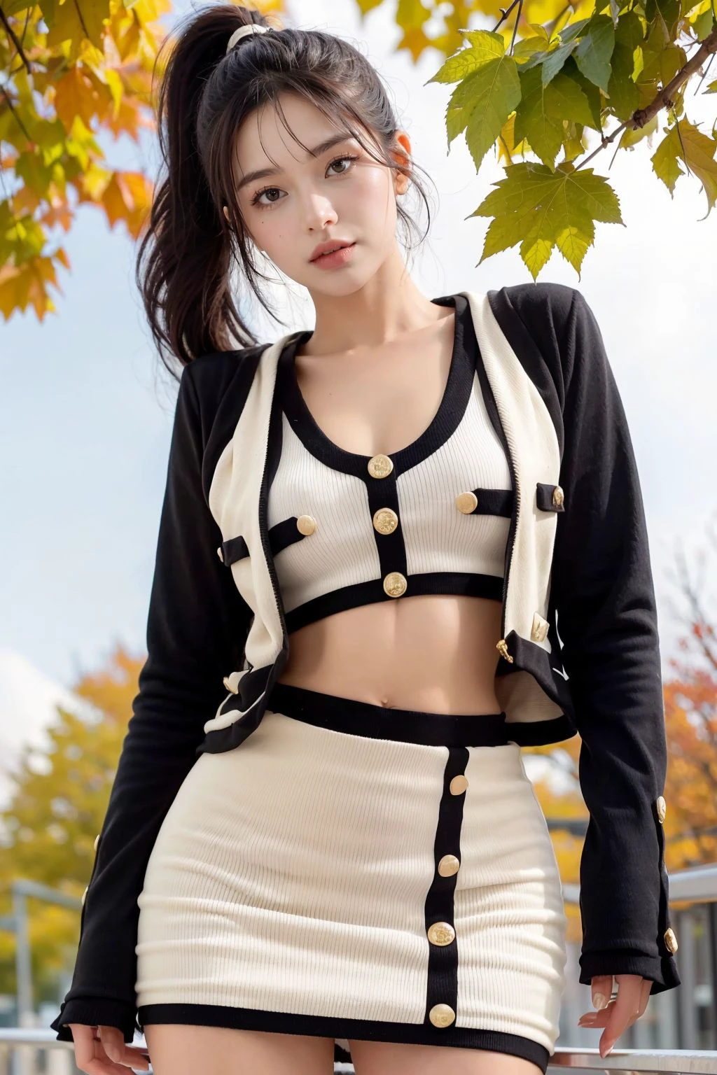 Female, (Big breasts), (Qi bangs, ponytail), (Ancient, Heroine), (velvaura, white bra, midriff, black skirt), cropped jacket, (black jacket), long sleeves, Standing in the city street, falling leaves, sun rays, black shades, autumn leaves, warm climate, (long legs), (ring finger diamond ring), full body, (looking at viewer), masterpiece, realistic, ((face closeup, face shot))