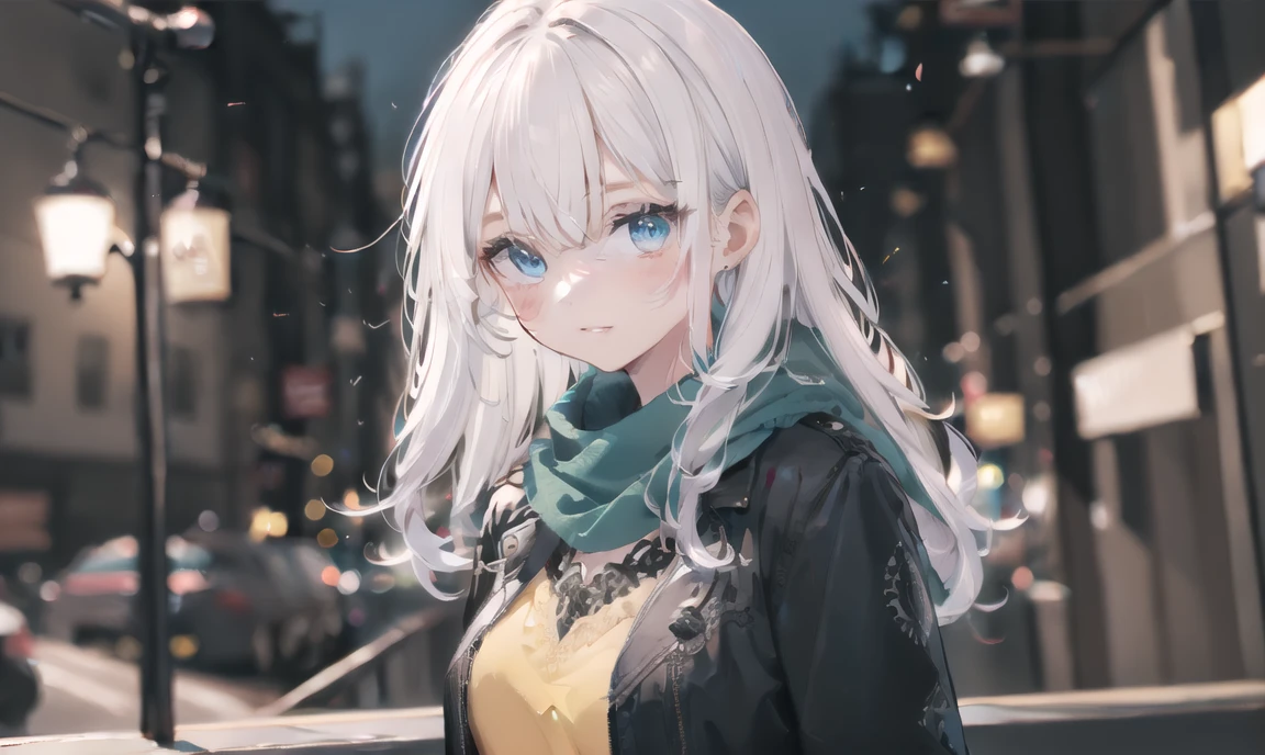 finely detail, Depth of field,best quality, illustration,highres,intricate detail, an extremely delicate and beautiful,
1girl, long hair, shirt, yellow shirt, (namess koishi:0.4), disheveled hair, breasts black jacket, black sleeves,white hair, green scarf, blue eyes, ,skirt,
city, <lora:20240107-1704597280257-0019:0.75>