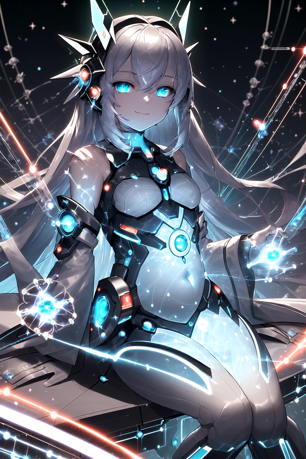 (masterpiece), (science fiction:1.4), 1girl, sitting, smile, silver hair, aqua eyes, headgear, long sleeves, detached sleeves, glowing energy clothing, light particles, visible belly, slim <lora:ral-dreamguardian-sd15:1> ral-dreamguardian