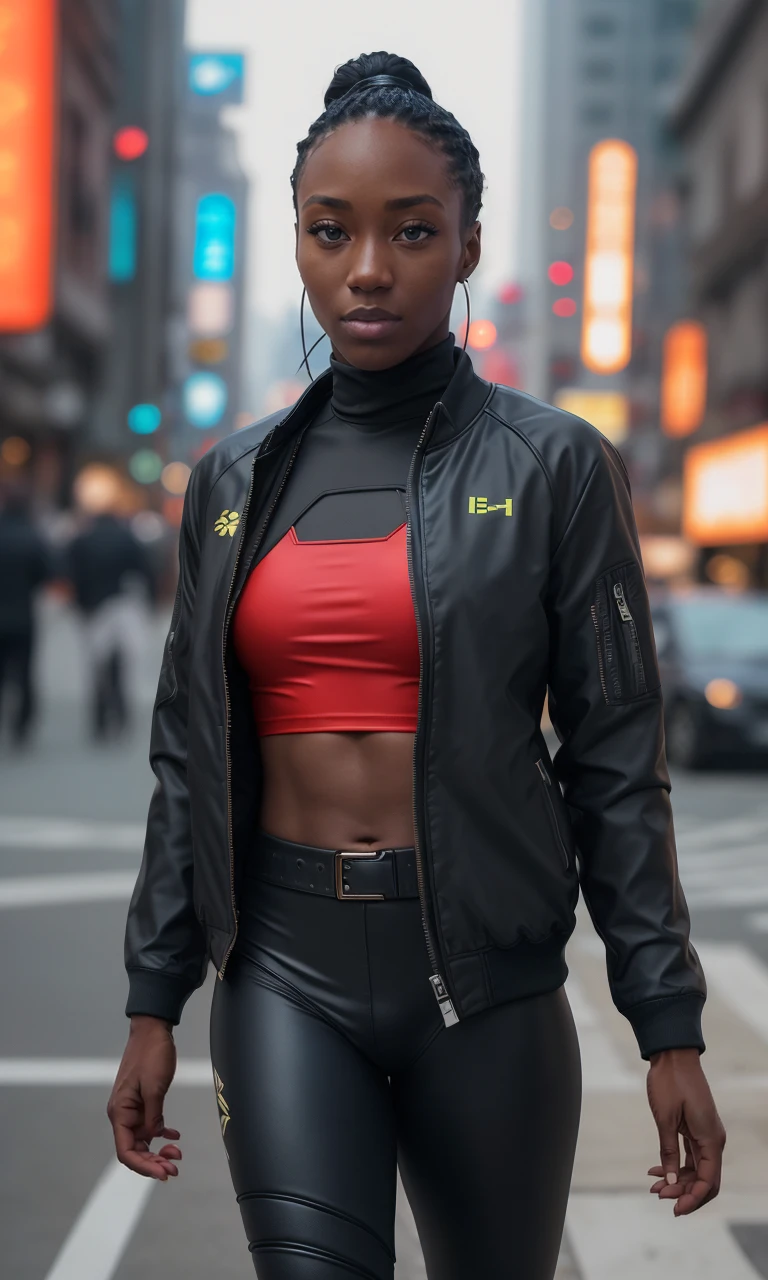 khamb2024, 1girl, best quality, masterpiece, 5 fingers, depth of field, 5 fingers, raw photo, photorealistic, dark skin, turtleneck, cyber ninja, cyberpunk city, cyborg, walking, depth of field, armor, neon lights, cool jacket,
