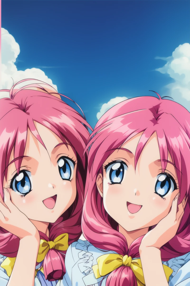 <lora:Shirayuki_Miho_Maho:0.8>, shirayuki, 2girls, multiple girls, blue eyes, twins, pink hair, smile, sisters, open mouth, long hair, bow, retro artstyle, 1990s (style), hand on own face, ribbon, blue_sky,
masterpiece, high quality, very_high_resolution, large_filesize, full color,
