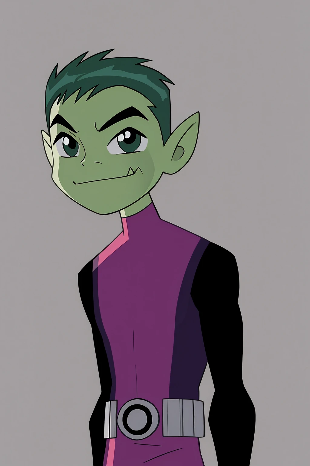 masterpiece, best quality, 1boy, beastboy, green hair, short hair, green skin, body suit, belt, fang, gloves, upper body, looking at viewer, solo, smile, simple background <lora:BeastBoyTT:1>