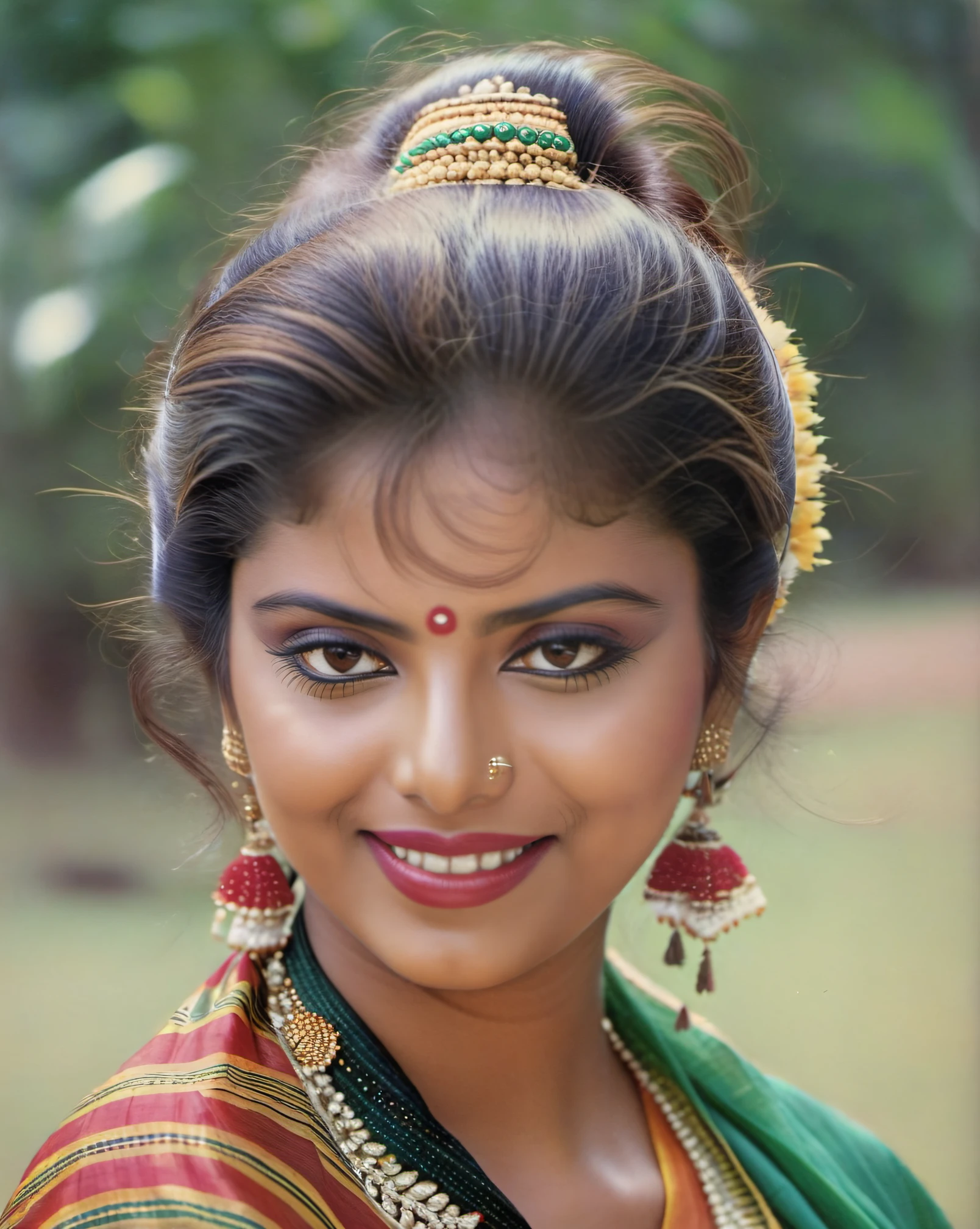 ultrarealistic soft focus photo of a 30-year-old sonam woman, outdoors, high neck Bomkai Saree (Odisha traditional saree), Side-smile of satisfaction, Point-of-view shot camera angle, 80s hairstyle, looking looking at camera, day time, beautiful bokeh  <lora:Sonam_Khan_SDXL_LoRA:1>