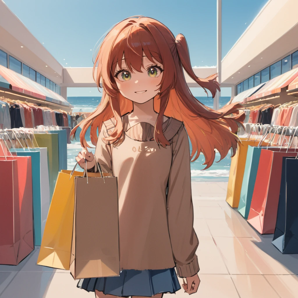 A masterpiece digital art, anime style, a portrait of a girl standing by ocean Kita Ikuyo, long hair, looking happy with shopping bags in a shopping center <lora:kita_xl-000021:1>