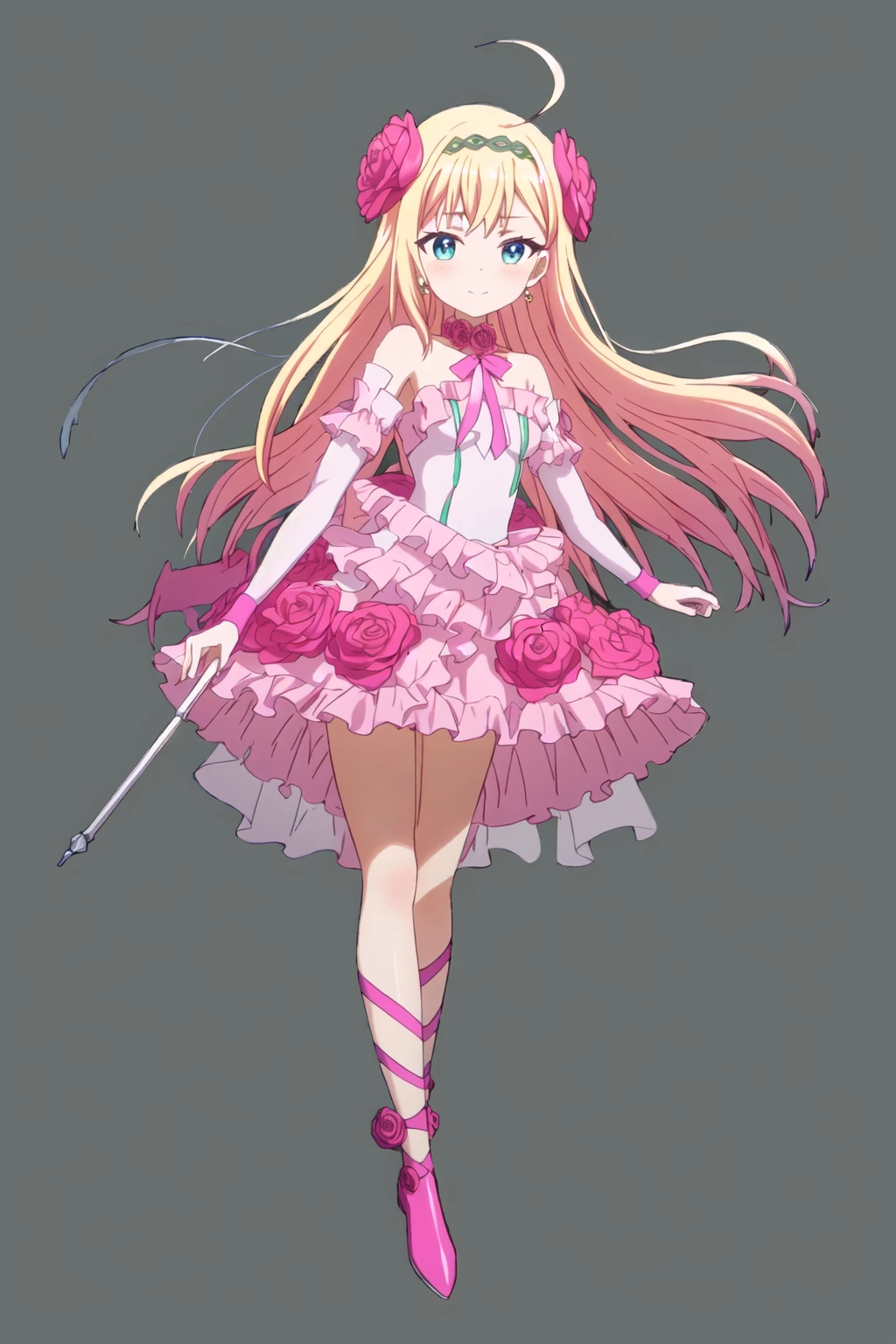 best quality, masterpiece, highres, solo, 1girl, full body,
<lora:rionesu:0.67> rionesu, high heels, pink footwear, hair ornament, hairband, hair flower, thorns, simple background,