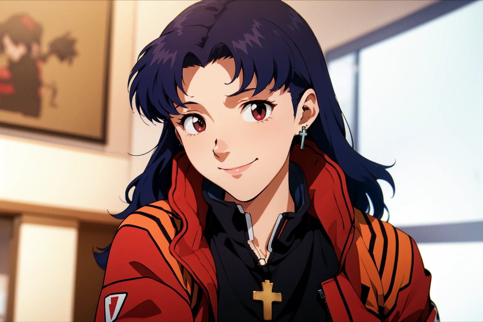 (RAW photo, best quality), 1girl,  natural lighting, solo,
katsuragi misato,  <lora:eva_katsuragi_misato_v1_2:1>,
red jacket, necklace, earrings, cross, smile, upper body,