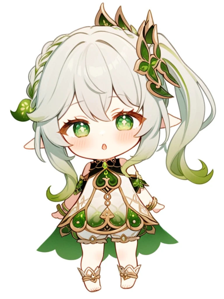 <lora:纳西妲:1>ï¼1girl, nahida_\(genshin_impact\), solo, green_eyes, multicolored_hair, one_eye_closed, chibi, bangs, pointy_ears, simple_background, hair_ornament, side_ponytail, white_hair, white_background, hair_between_eyes, long_hair, looking_at_viewer, symbol-shaped_pupils, white_dress, dress, gradient_hair, jewelry, full_body, sidelocks, bracelet, green_hair, short_sleeves, bloomers, parted_lips, toeless_legwear, cape, braid, ;o
